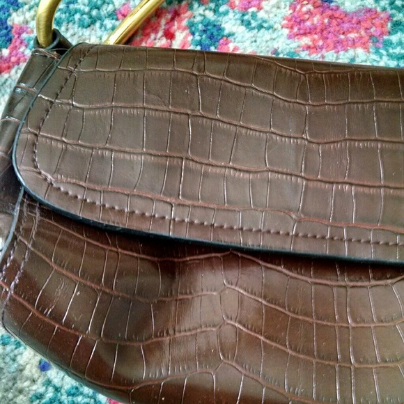Bueno Brown Croc Embossed Leather Gold Handbag - Picture 5 of 13